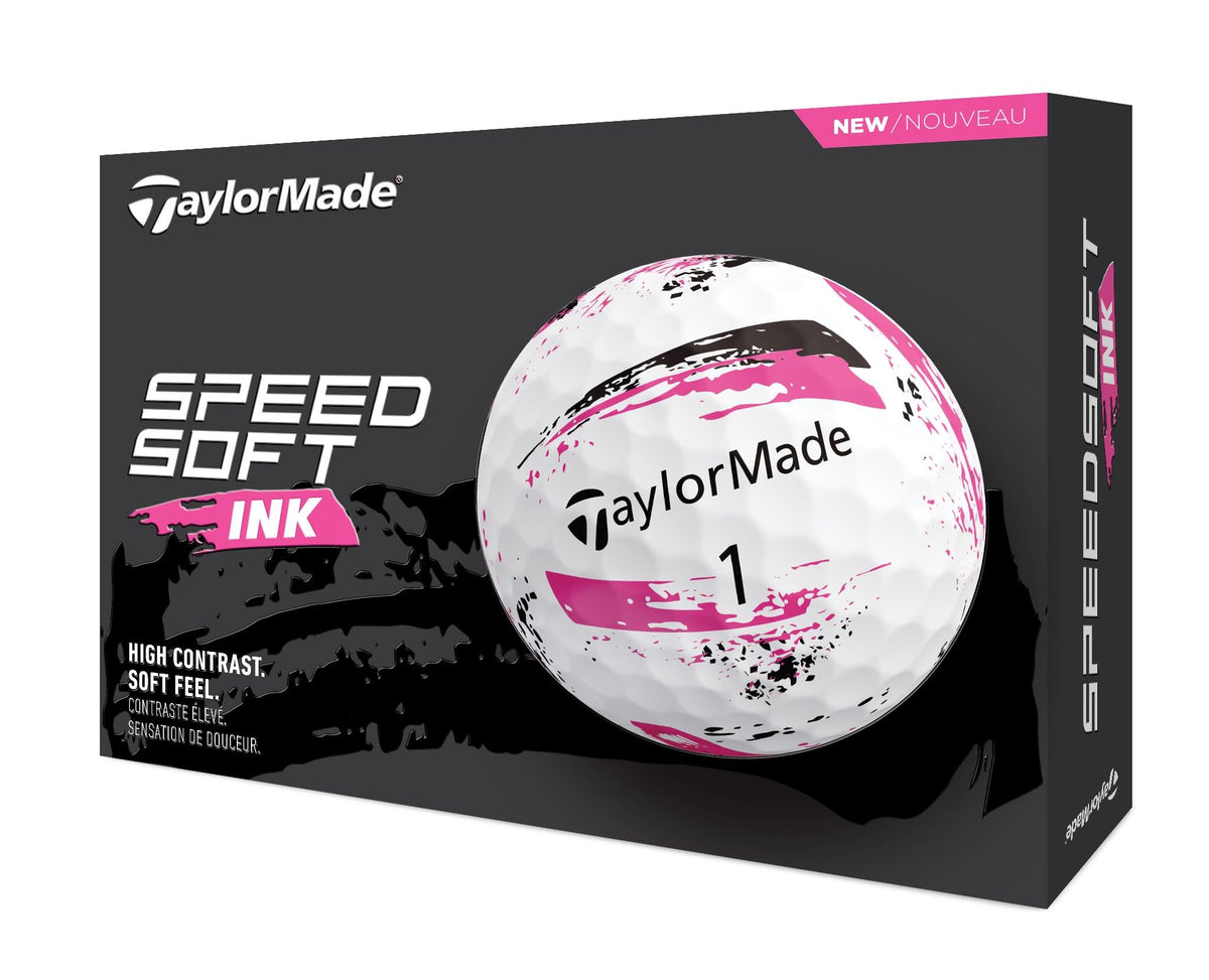 TaylorMade SpeedSoft Ink Pink ball showing bold color to help track flight on the course.