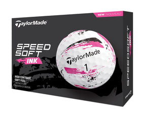 TaylorMade SpeedSoft Ink Pink ball showing bold color to help track flight on the course.