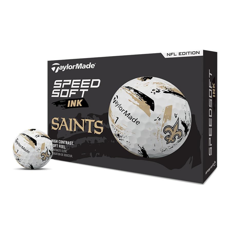 TaylorMade SpeedSoft NFL Saints golf ball with Saints logo and colors for stylish course presence