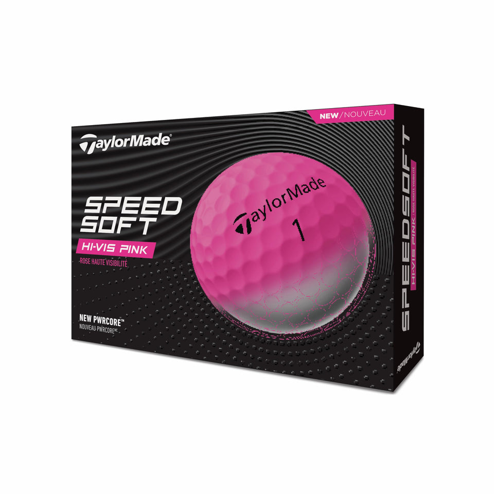TaylorMade SpeedSoft pink golf ball with high visibility for easy alignment.