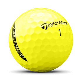 TaylorMade SPEEDSOFT Yellow ball in flight highlighting speed and distance potential.