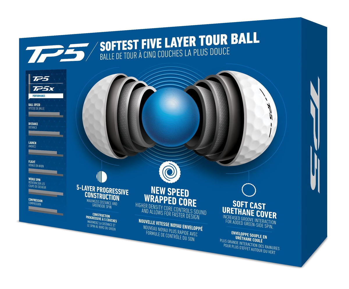 TaylorMade Symbol TP5 Cactus ball highlights 5-layer construction for optimized spin separation.