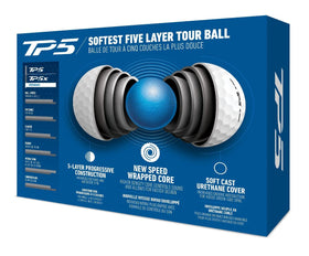 TaylorMade Symbol TP5 Hotdog golf ball, side view, emphasizing 5-layer construction and high-spin potential near greens.