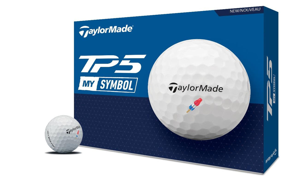 TaylorMade Symbol TP5 RocketPop golf ball on tee for enhanced greenside control and spin.