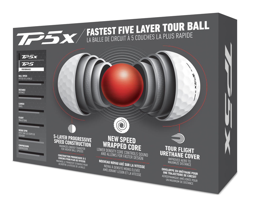 TaylorMade Symbol TP5X palm-tree golf ball with improved alignment for precise setup.