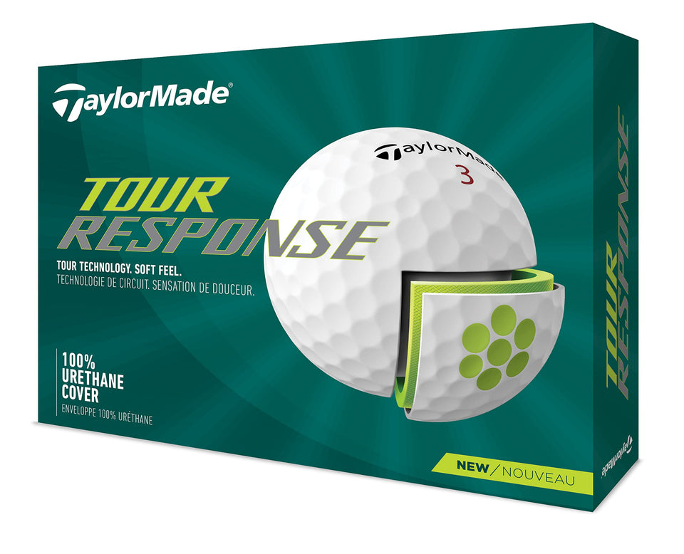 TaylorMade Tour Response ball front view with white finish and brand visible