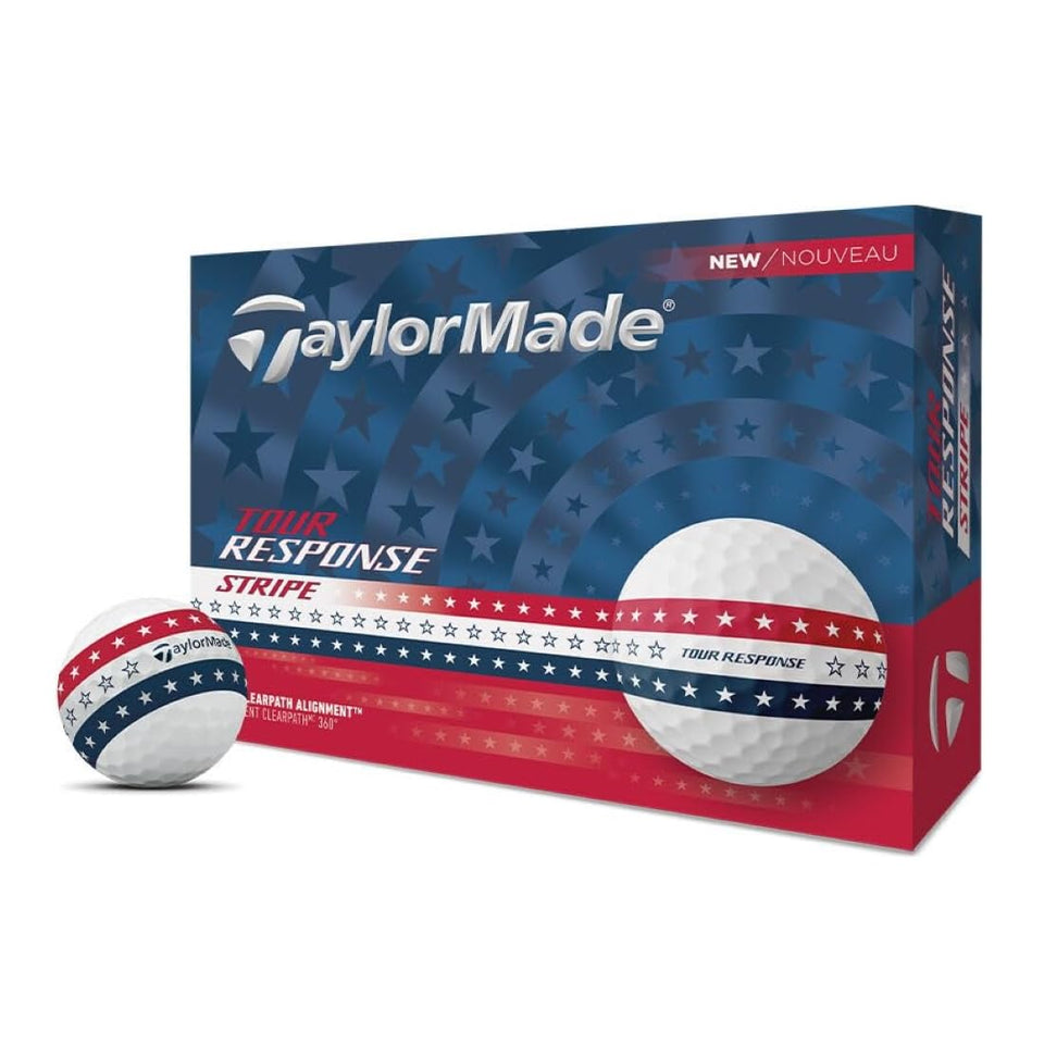 TaylorMade Tour Response Stripe ball on tee showing 360 Path Alignment for precise aim.