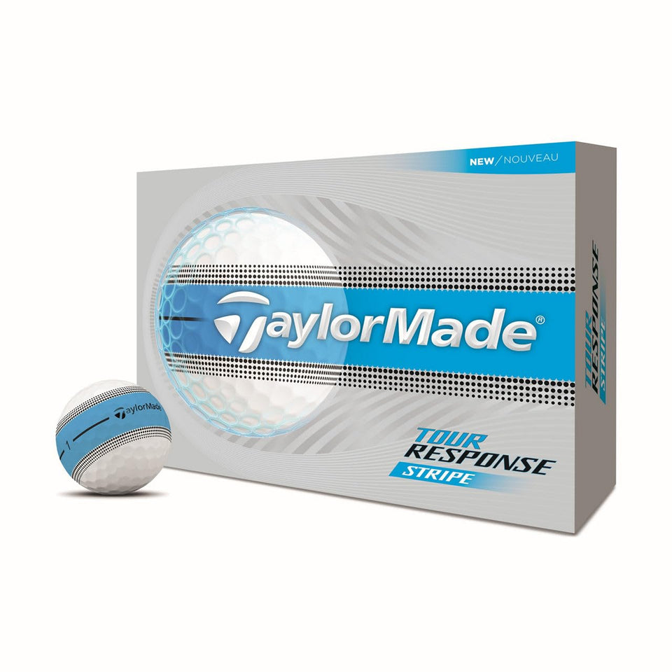 TaylorMade Tour Response Stripe Blue ball front view highlighting high visibility and alignment cue.