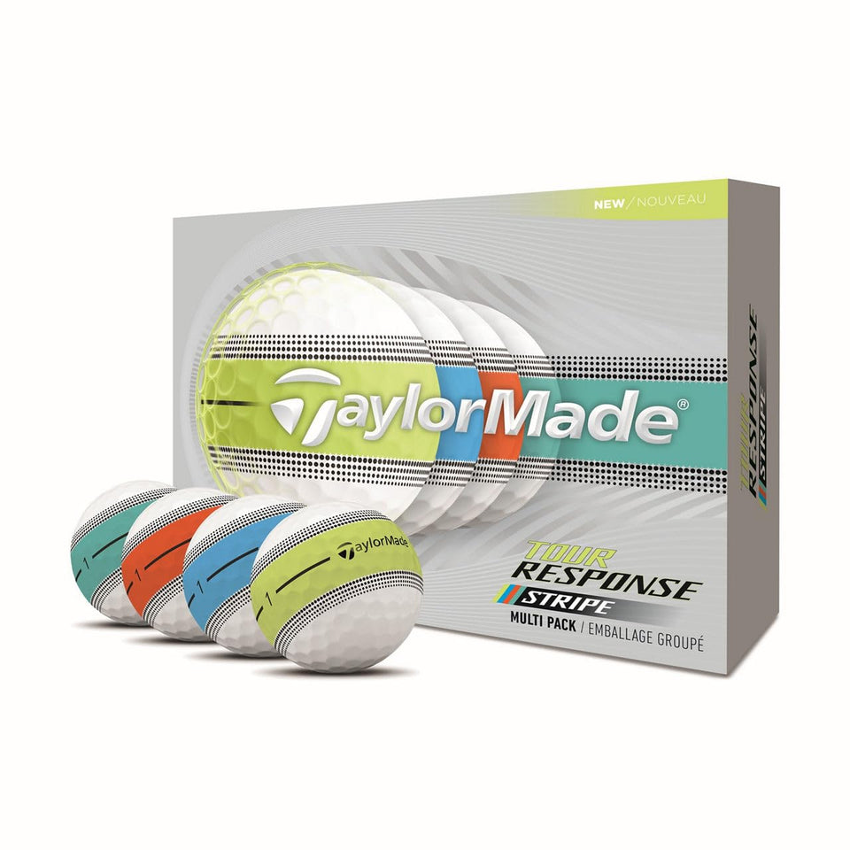 TaylorMade Tour Response Stripe balls front view with high-visibility 360° stripe for quick alignment
