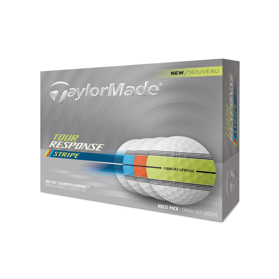TaylorMade Tour Response Stripe ball front view shows high visibility for quick alignment.