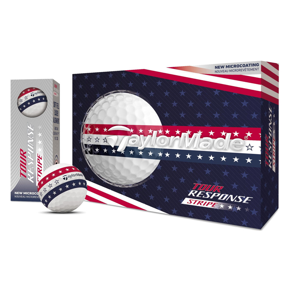 TaylorMade Tour Response Stripe USA One Dozen ball front closeup highlights microcoating for consistent aerodynamics.