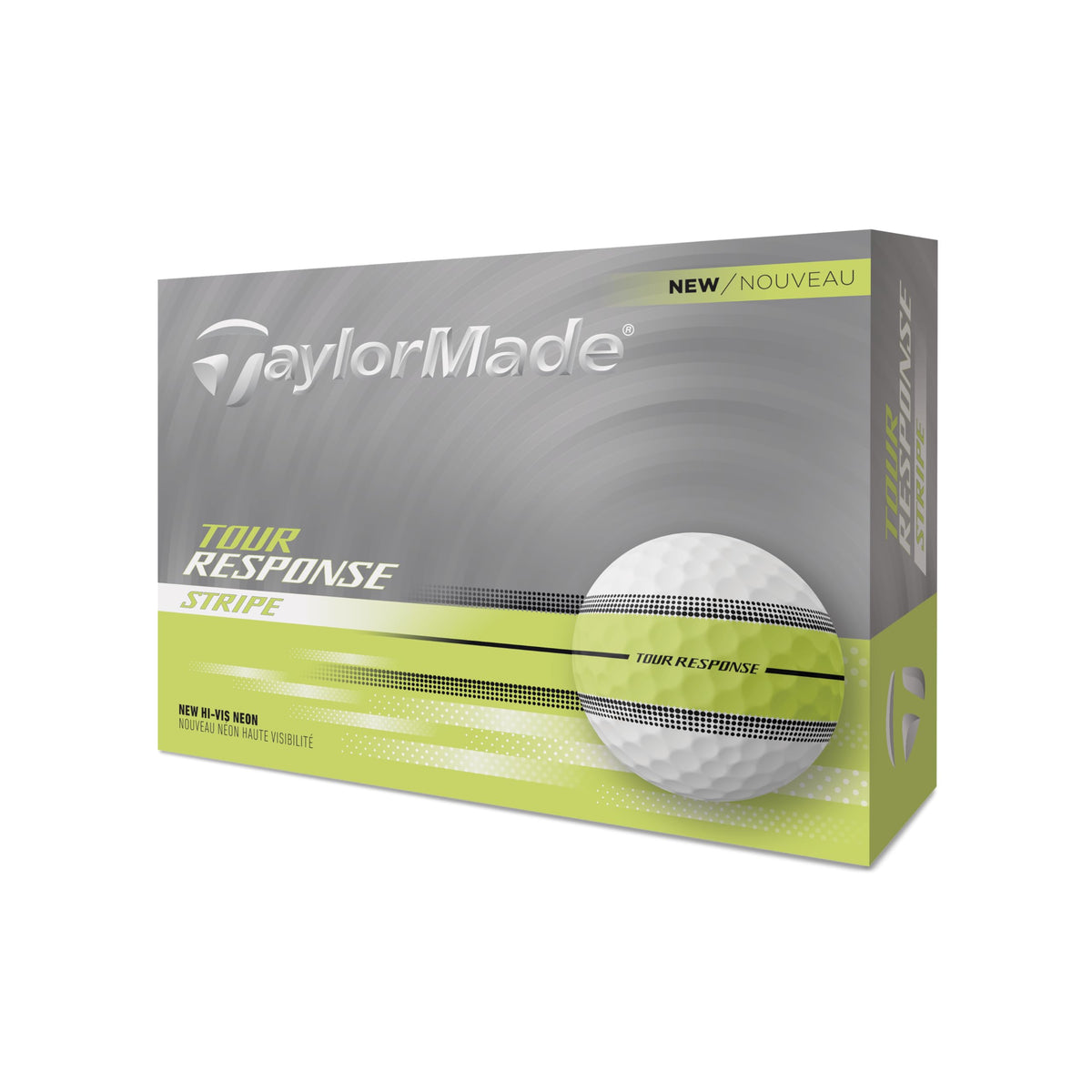 TaylorMade Tour Response Stripe ball close-up showing hi-visibility white and yellow finish for alignment