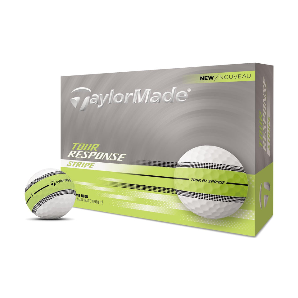 TaylorMade Tour Response Stripe Yellow golf ball front view with 360° alignment for precise aim.