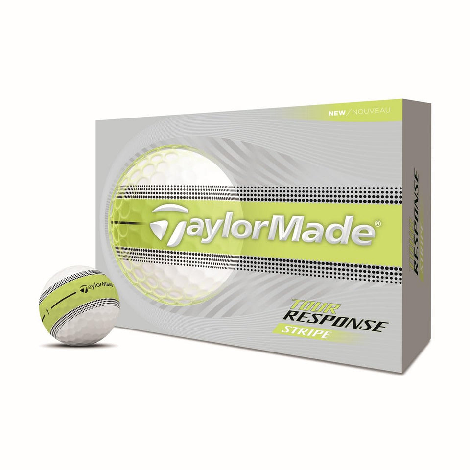 TaylorMade Tour Response Stripe Yellow balls with neon stripe improve alignment and visibility.