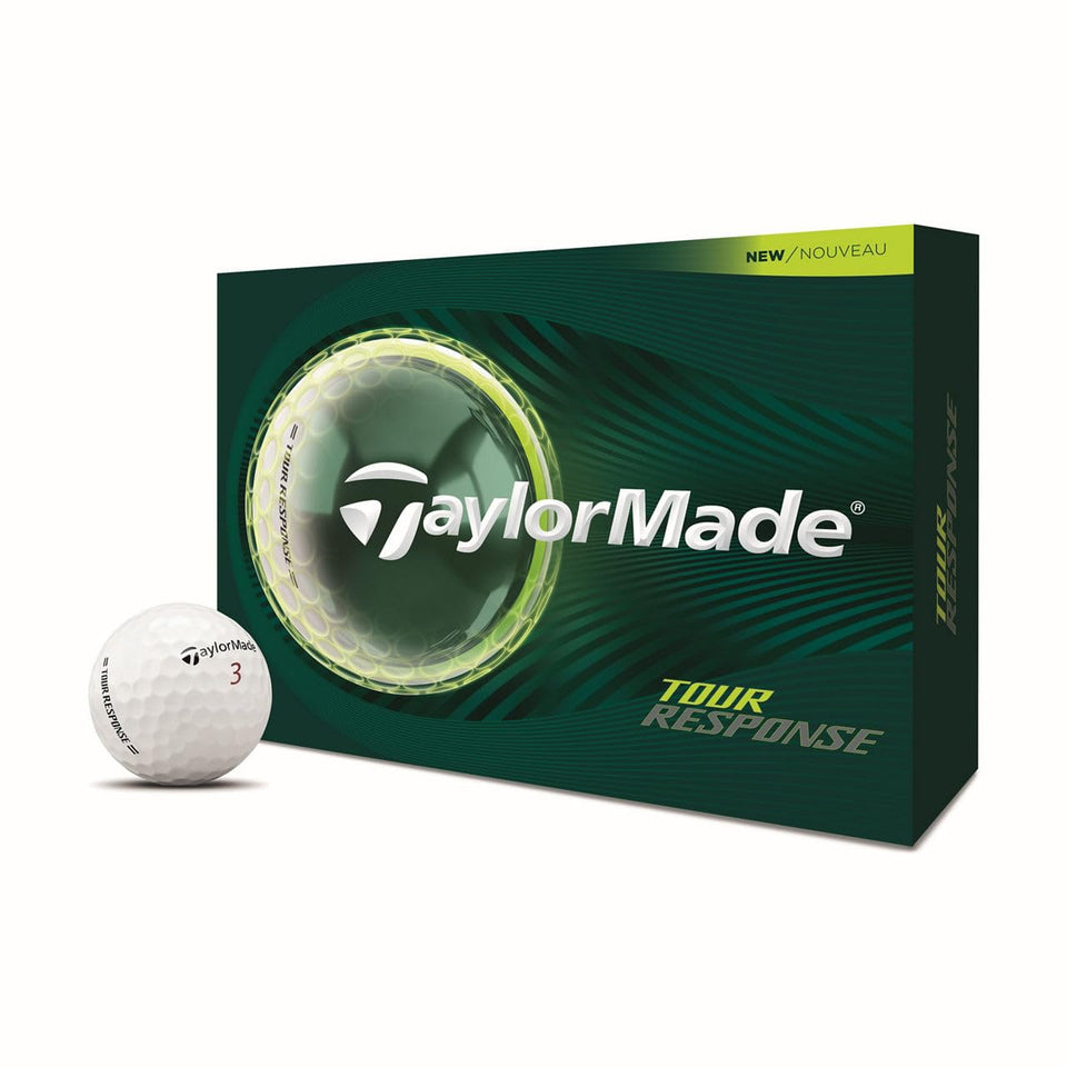 TaylorMade Tour Response White golf ball front view highlighting Soft Hybrid Cover for improved spin and control.