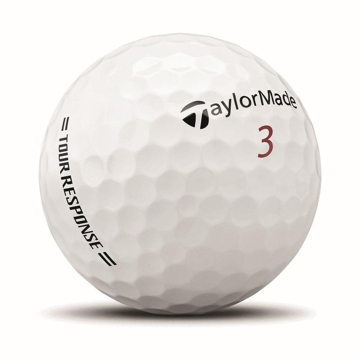 TaylorMade Tour Response White golf balls in a pack showing 3-layer construction and aerodynamics.