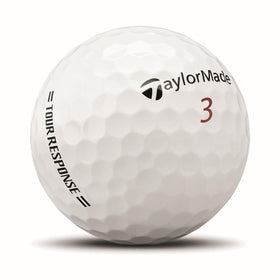 TaylorMade Tour Response White golf balls in a pack showing 3-layer construction and aerodynamics.