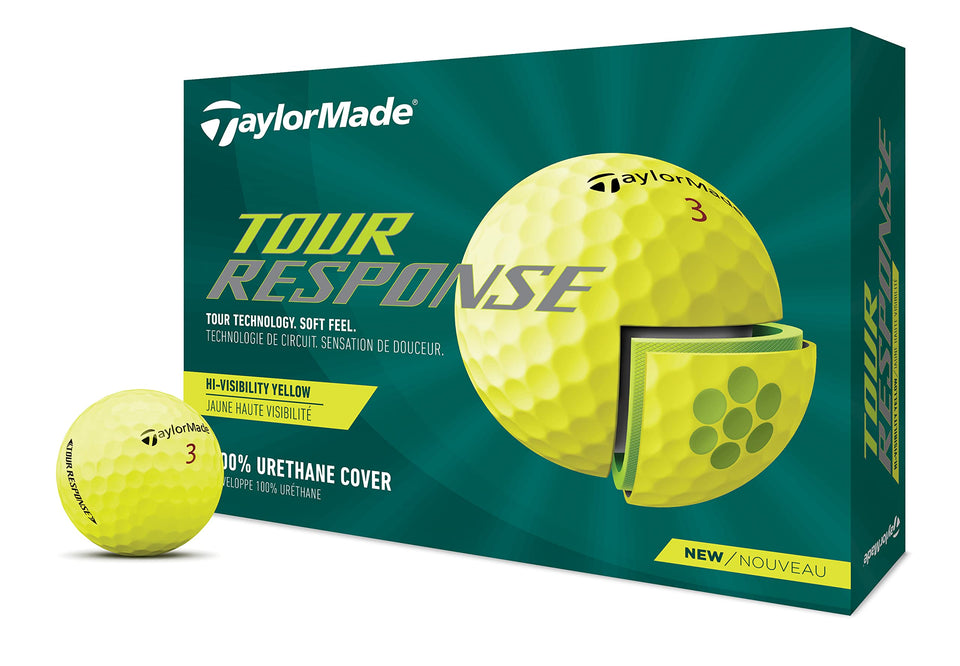 TaylorMade Tour Response Yellow Dozen packaging close-up shows premium protection during shipping.