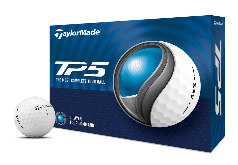 TaylorMade TP5 golf ball white cover close-up, highlighting 5-layer construction for spin control.