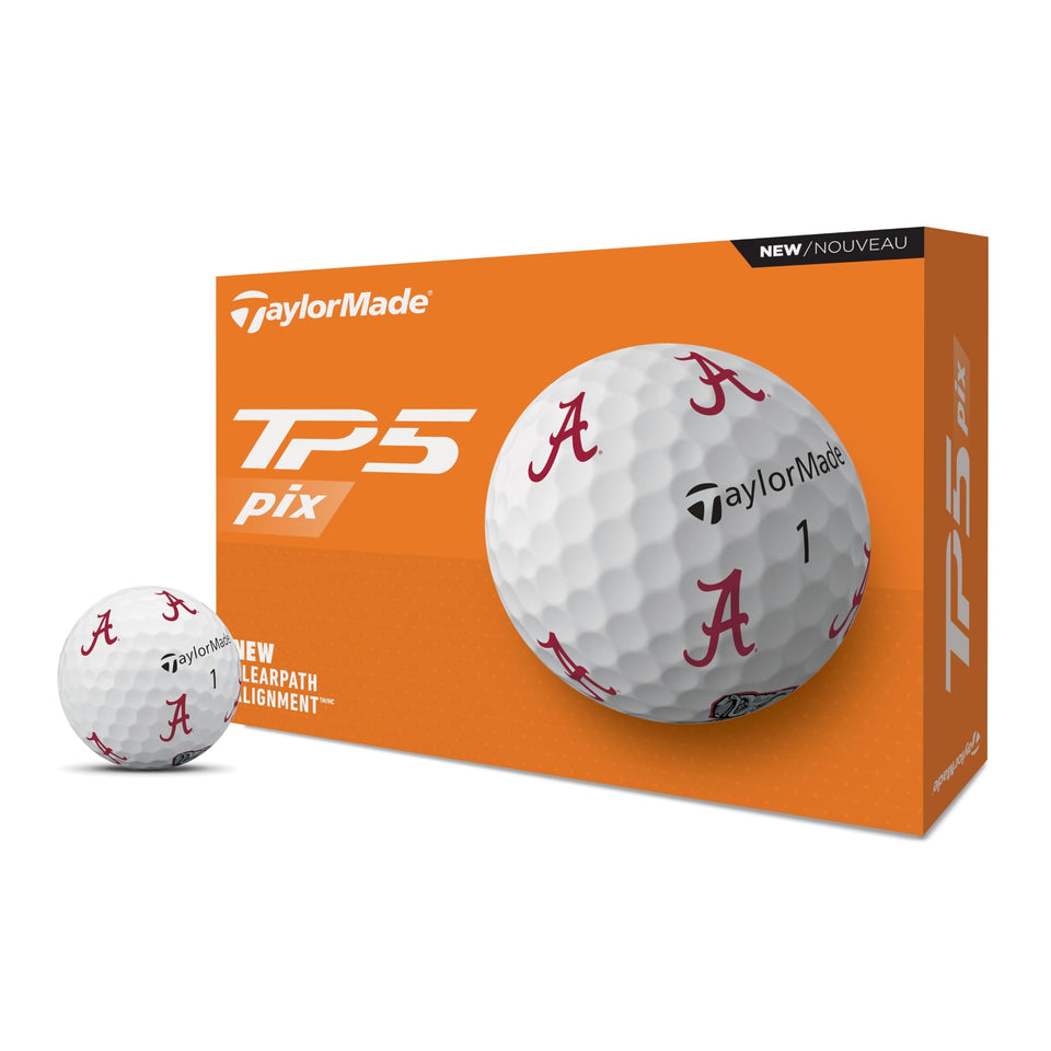 TaylorMade TP5 PIX Alabama One Dozen golf balls on the green for enhanced spin control.