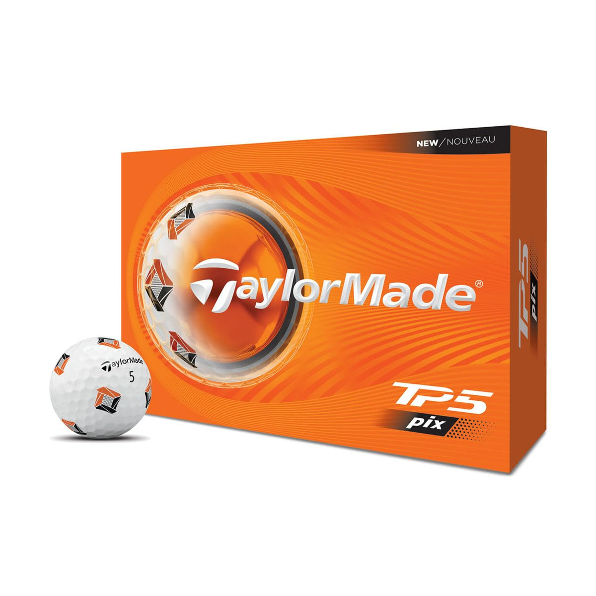 TaylorMade TP5 PIX clearpath alignment pattern shown on ball for precise putting feedback.