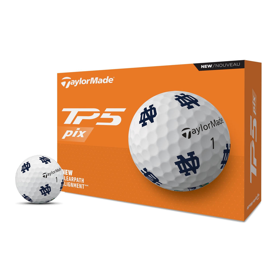 TaylorMade TP5 PIX Norte Dame golf balls, enhanced feel and spin control on the course.