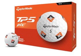 TaylorMade TP5 PIX golf ball close-up shows spin-ready surface for controlled shots.