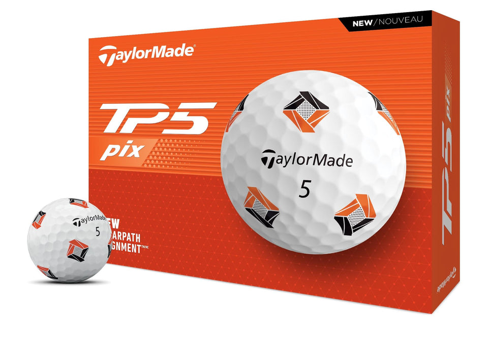 TaylorMade TP5 PIX golf ball close-up shows spin-ready surface for controlled shots.