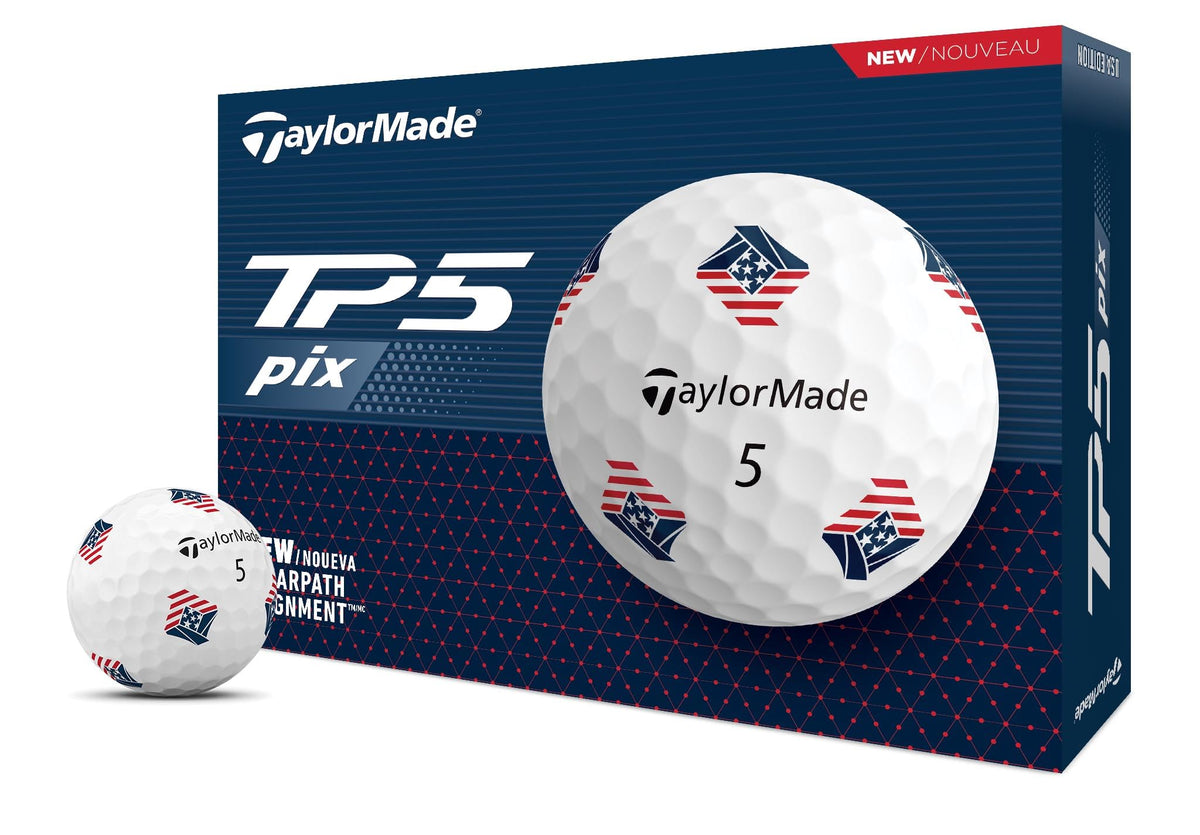 TaylorMade TP5 PIX3.0 front view ball showing alignment cues and spin potential