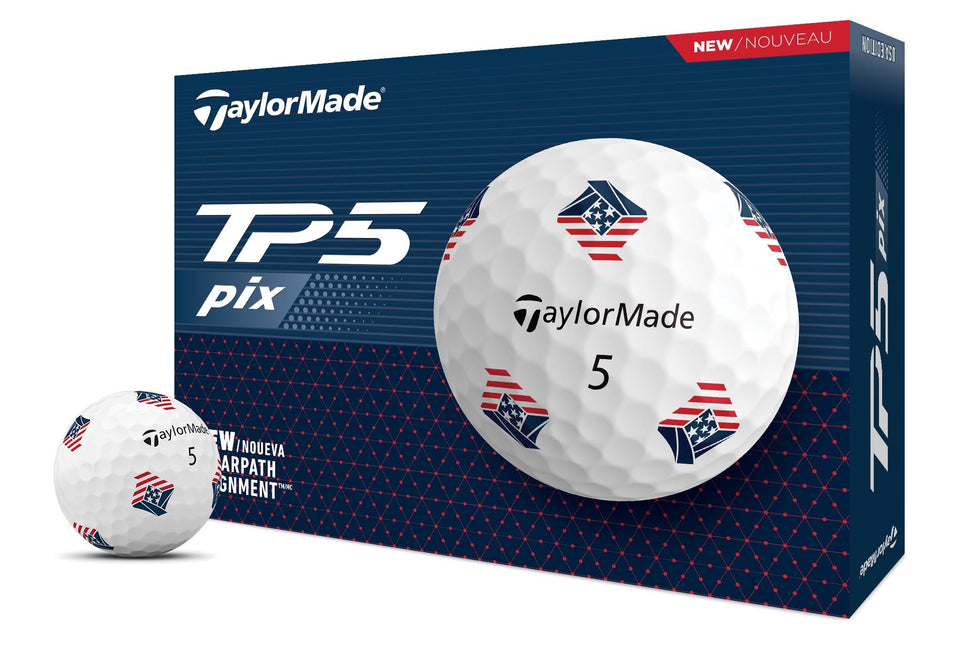 TaylorMade TP5 PIX3.0 front view ball showing alignment cues and spin potential