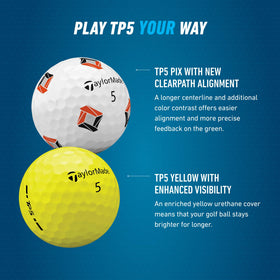 TaylorMade TP5 Stripe tour flight urethane cover delivers consistent flight and greenside control.