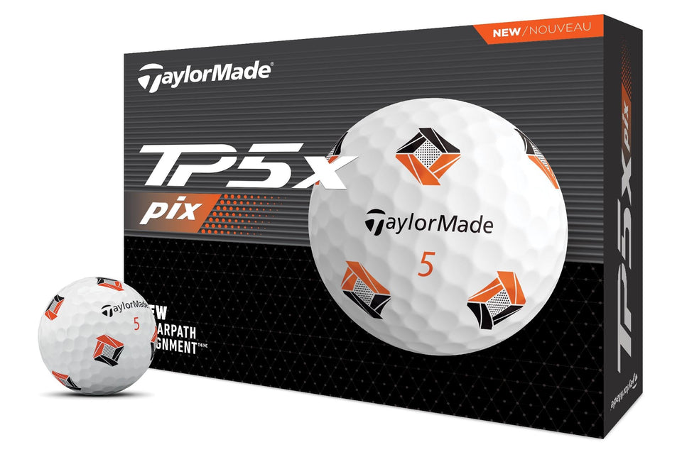 TaylorMade TP5X PIX ball close-up showing multi-layer construction for speed
