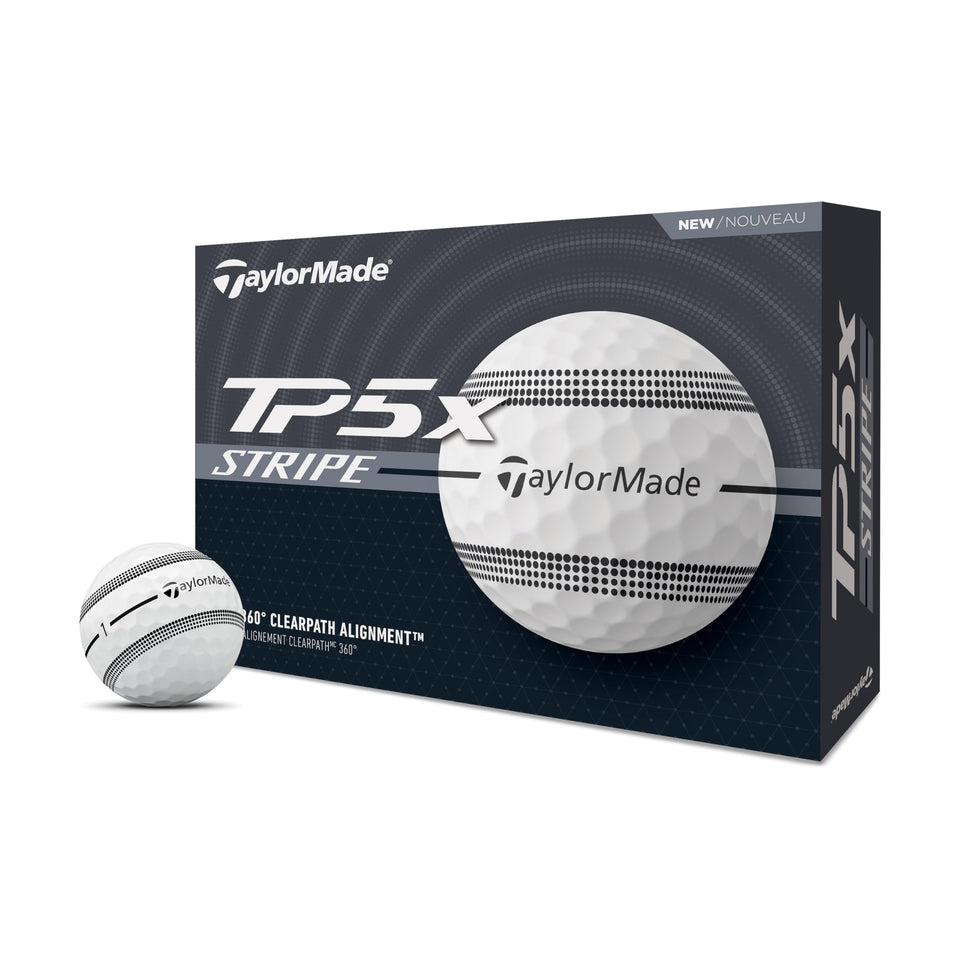 TaylorMade TP5x Stripe golf balls box front with alignment stripes for easier aiming.