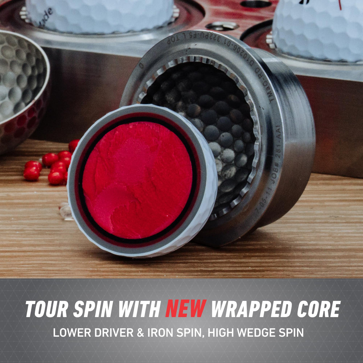TaylorMade TP5x Stripe color contrast and longer center line aiding on-course alignment.