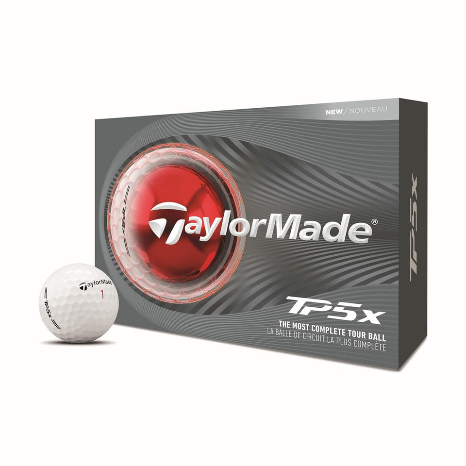 TaylorMade TP5x white golf ball pack for consistent flight and tighter dispersion.