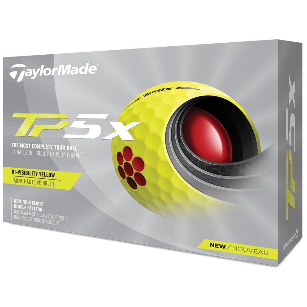 TaylorMade TP5X yellow golf ball close-up with urethane cover for greenside control.