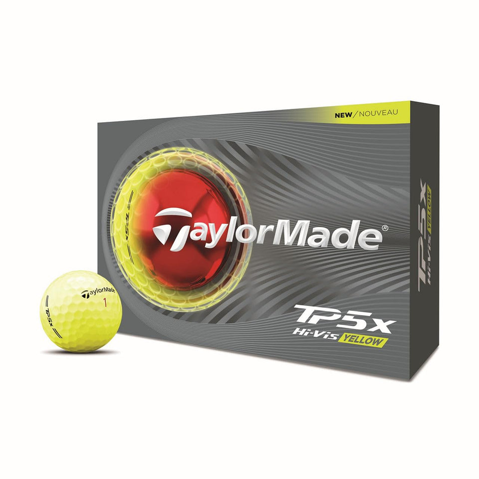 TaylorMade TP5x Yellow One Dozen – front view, high-visibility ball for better tracking.