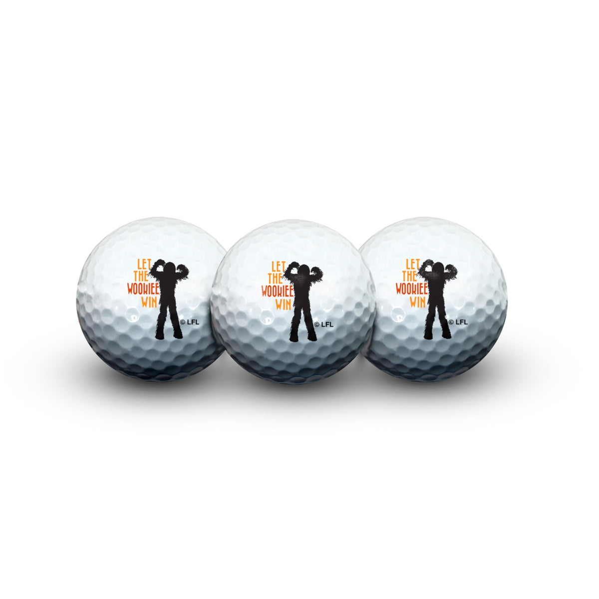 Team Effort LE Chewbacca golf balls, three-pack, durable two-piece construction for practice.