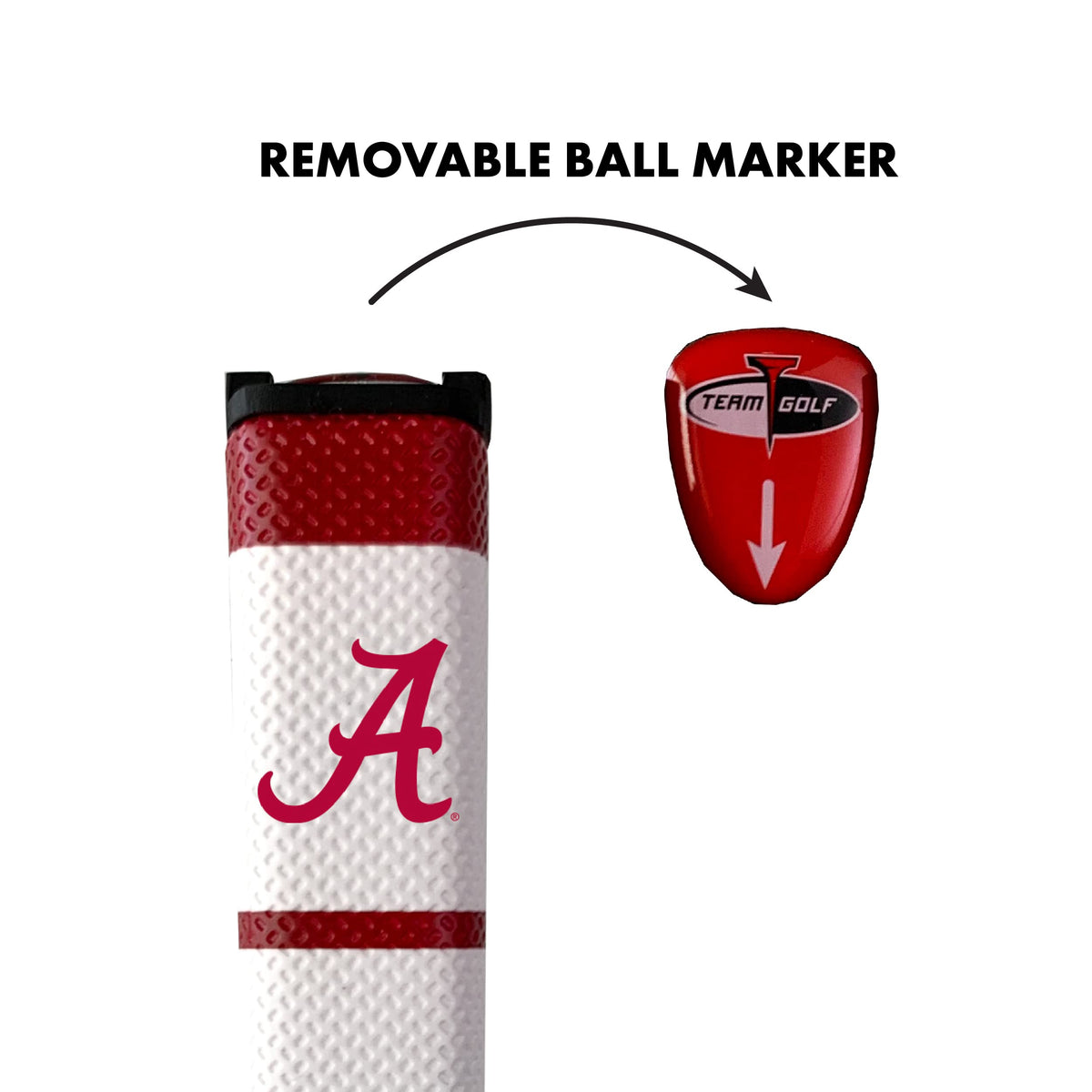 Team Golf Alabama putter grip with removable ball marker for quick setup