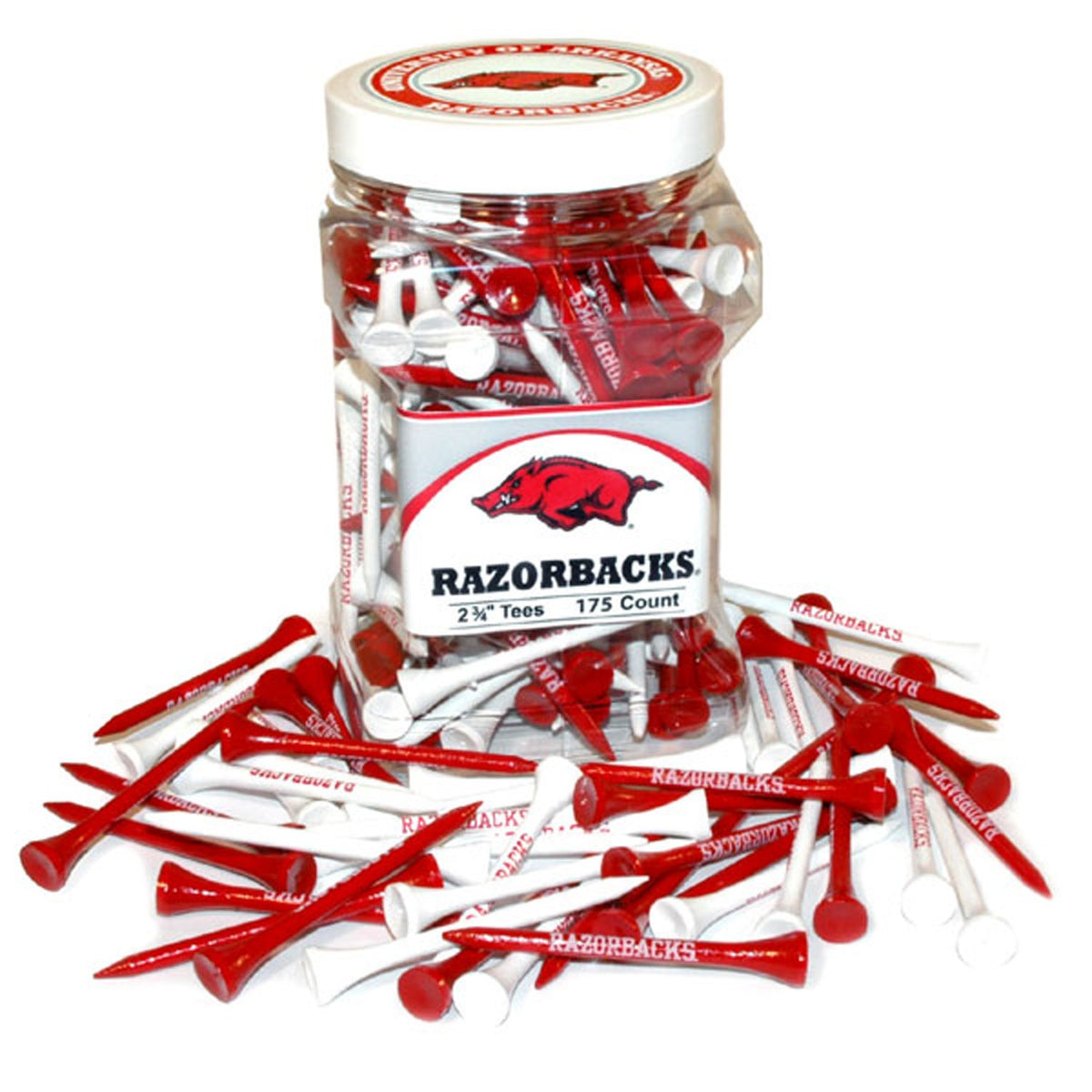 Team Golf Arkansas Razorbacks tee jar with 175 regulation tees for on-course play and team pride.