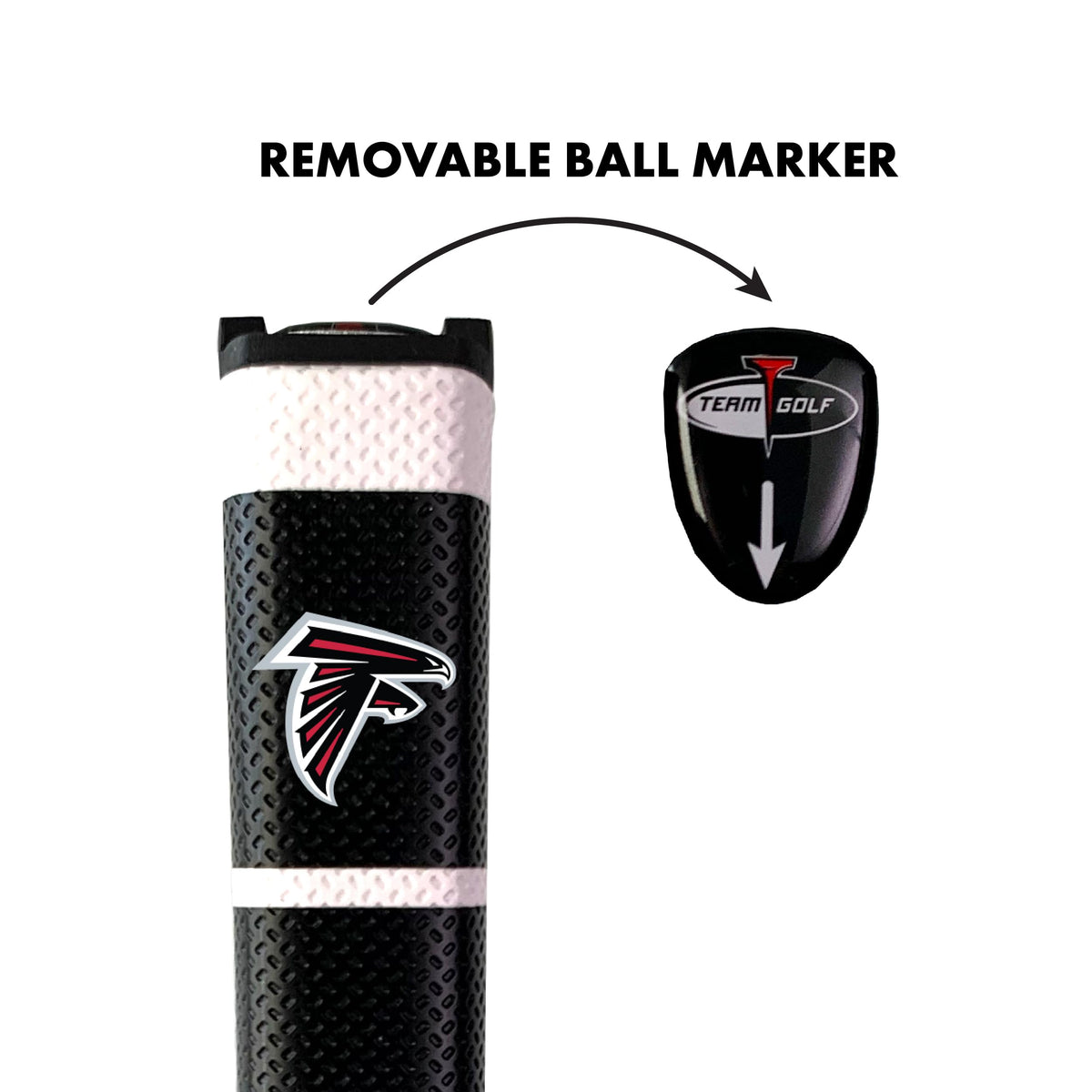Team Golf Atlanta Falcons gel-top marker on grip demonstrates secure magnetic hold.