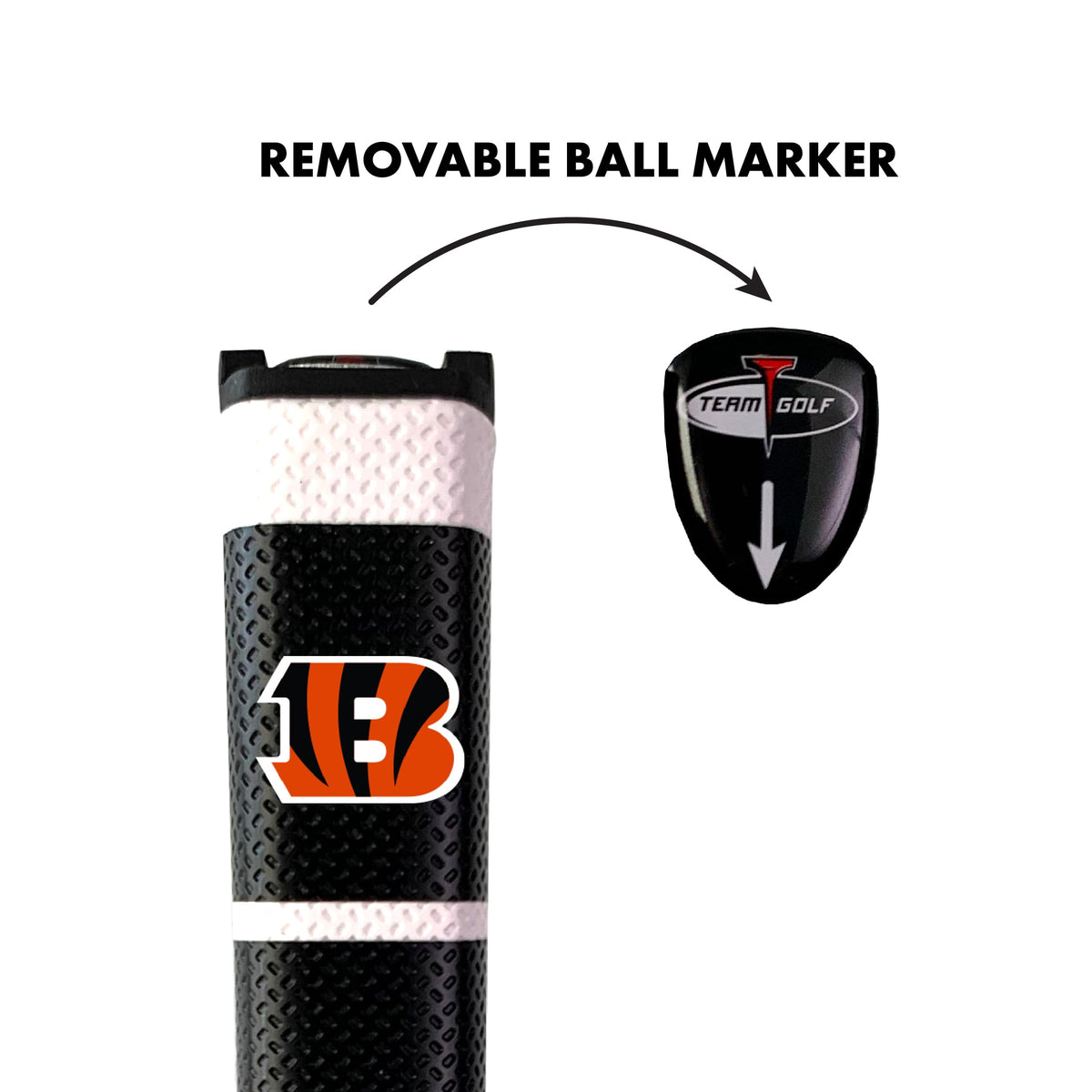 Team Golf Bengals removable gel top marker on grip, magnet-secured for quick alignment.