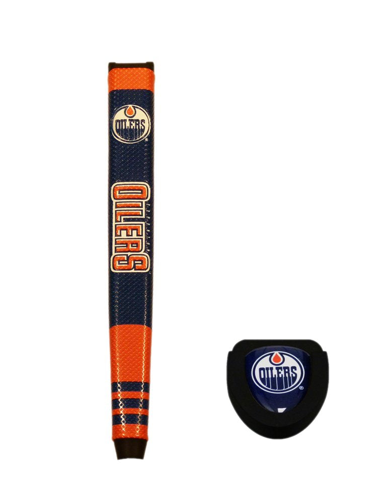 Removable gel top ball marker on Team Golf Edmonton Oilers grip, magnetically secured for convenient use.