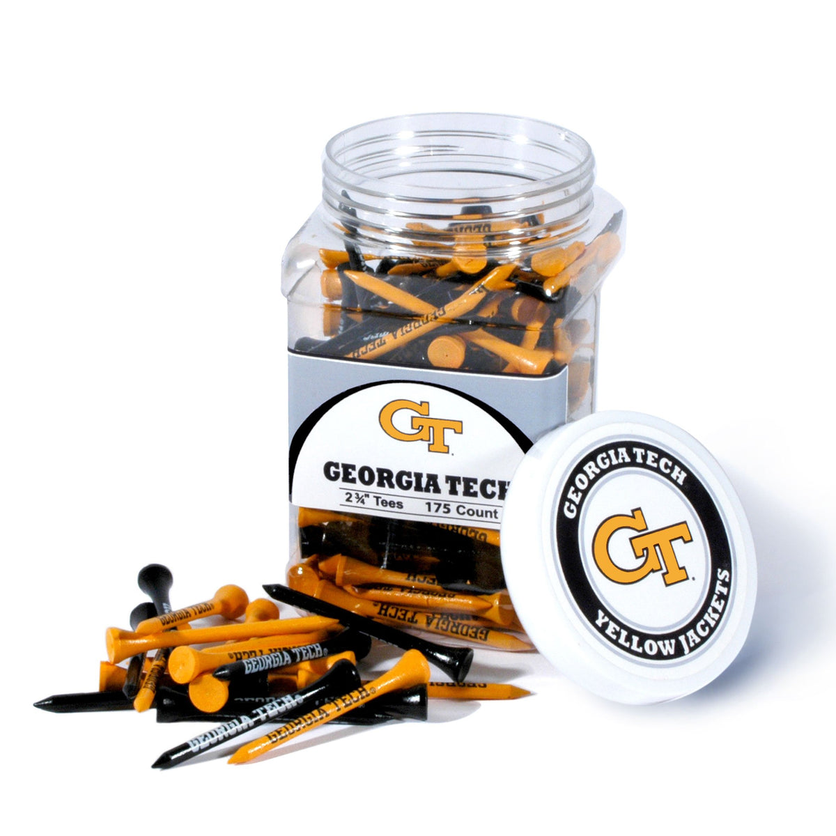 Team Golf Georgia Tech jar of 175 tees with imprint for convenient storage.