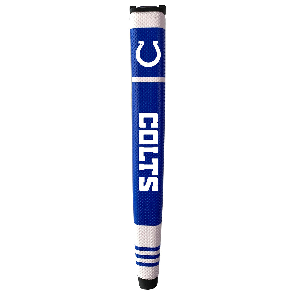 Team Golf Indianapolis Colts putter grip with removable gel top marker secured by magnet for alignment.