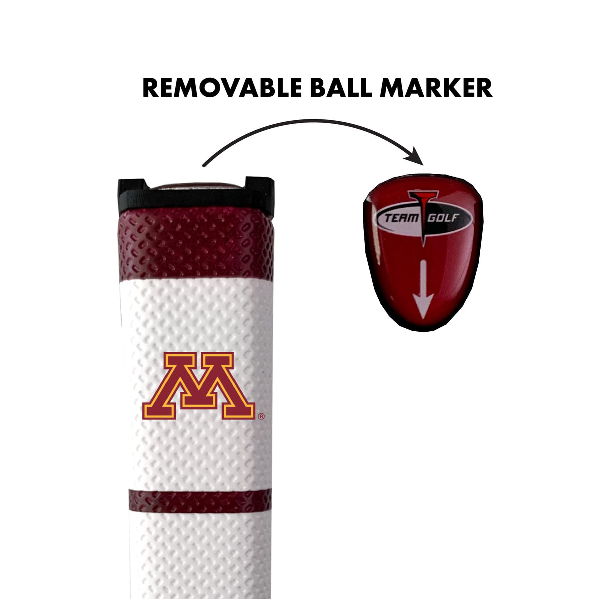 Team Golf Minnesota putter grip with removable ball marker on top for quick setup.