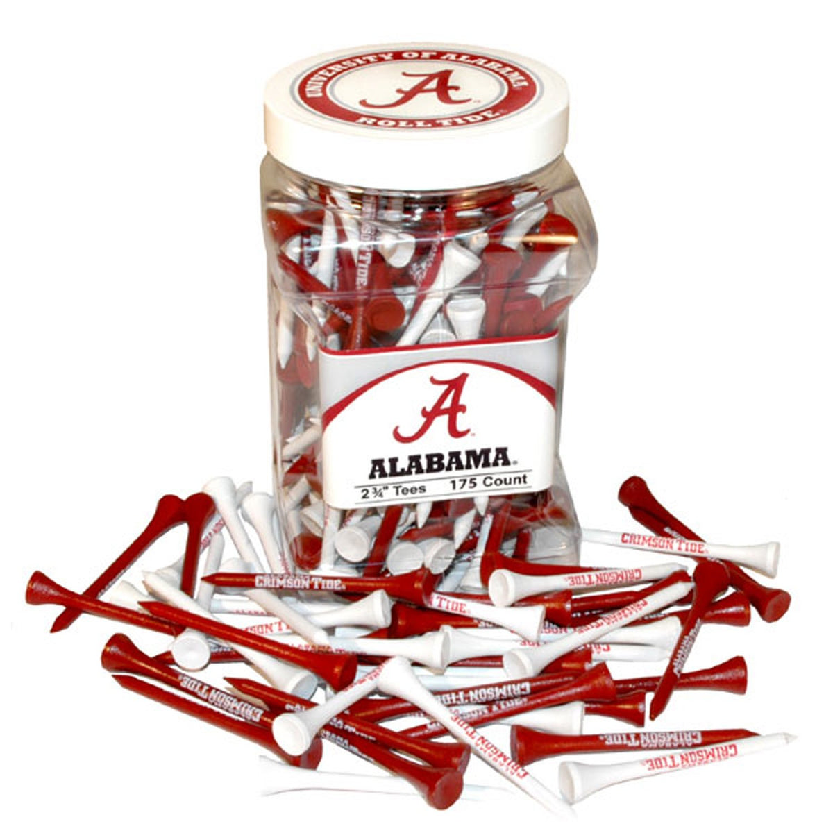 Team Golf NCAA Alabama Crimson Tide tee jar with 175 tees for easy teeing and team spirit.