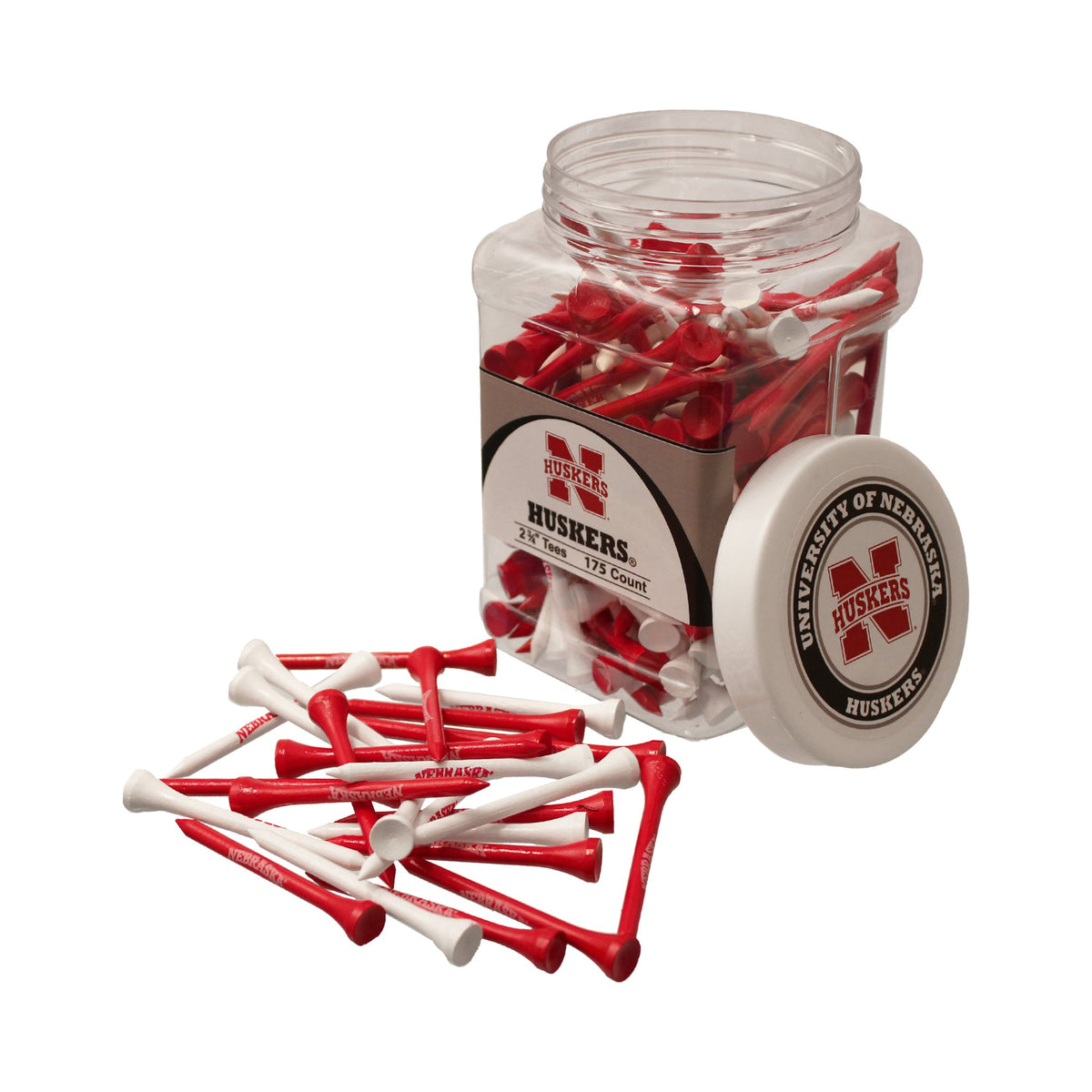 Team Golf Nebraska Cornhuskers tee jar with 175 regulation-size tees for quick on-course setup