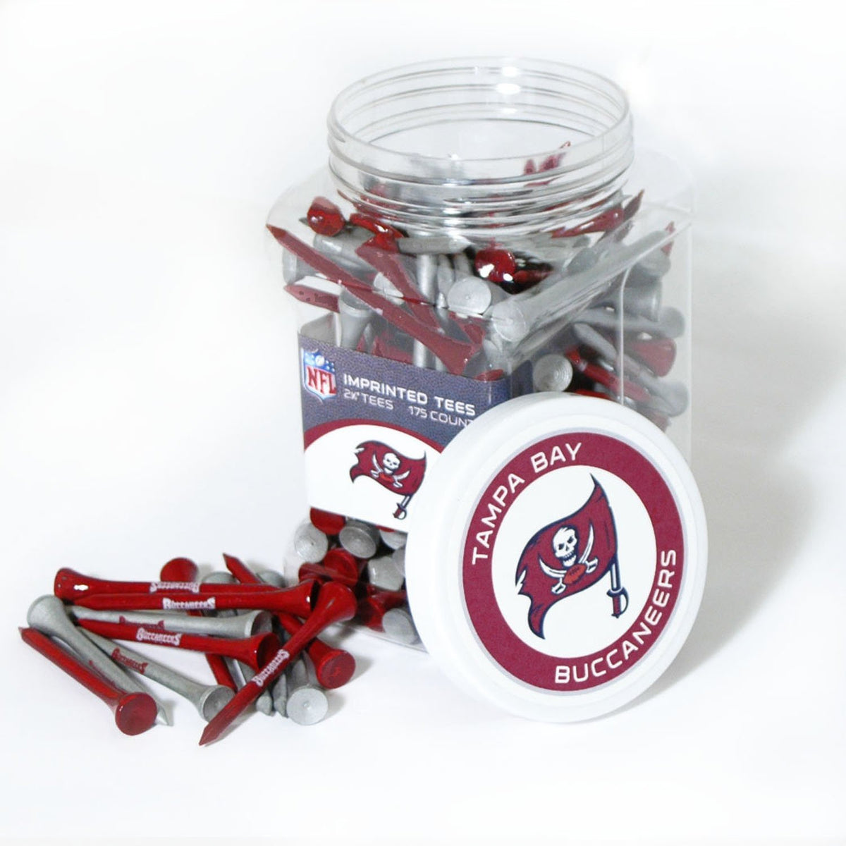 Team Golf NFL Buccaneers tee jar with 175 regulation tees for convenient on-course setup.