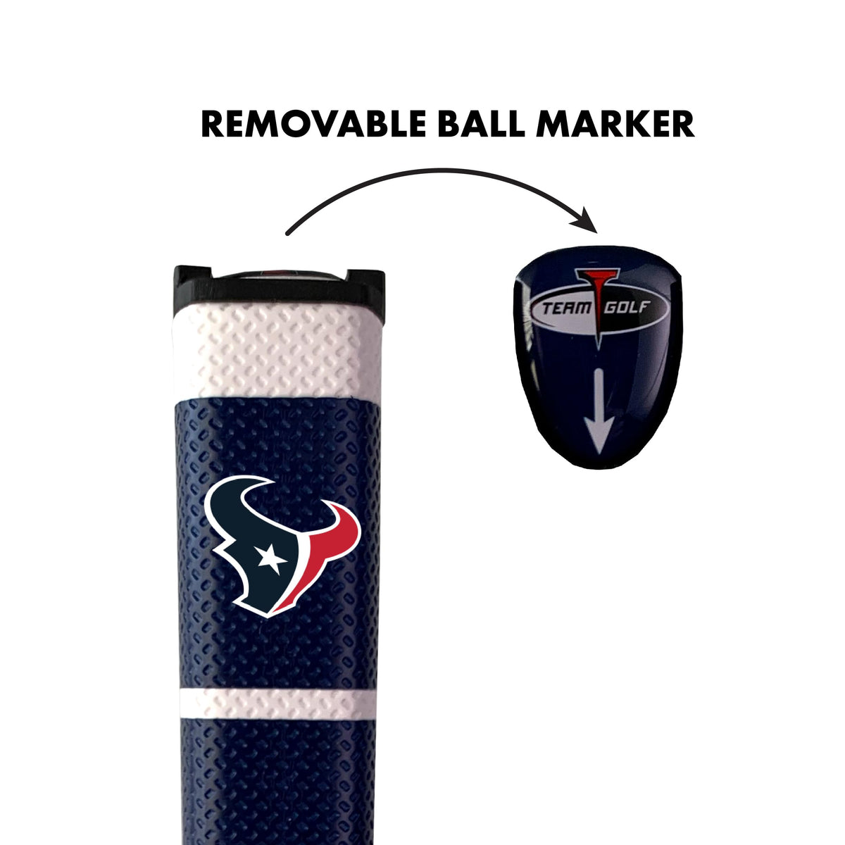 Team Golf Houston Texans gel top marker sits magnetically on the grip for quick alignment.